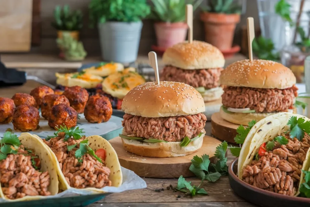 An assortment of ground chicken dishes, including meatballs, burgers, and tacos, displayed on a rustic wooden table with fresh herbs and spices.