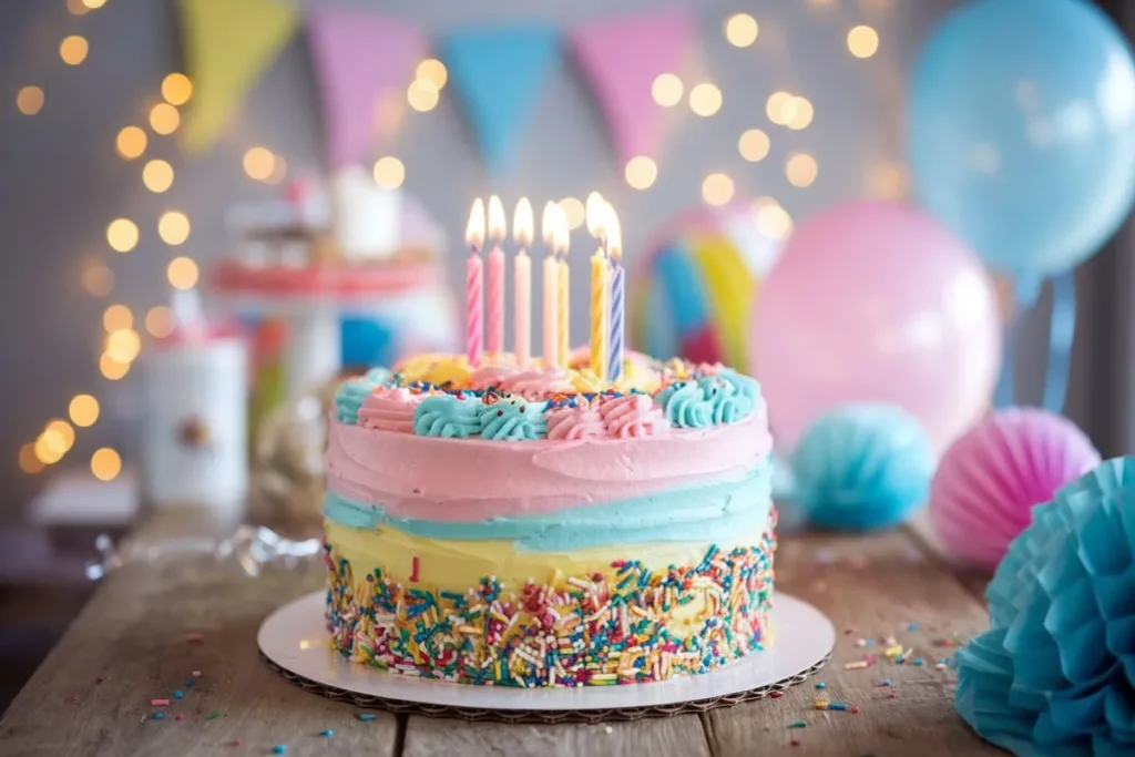 A colorful birthday cake with pastel pink, blue, and yellow frosting, topped with sprinkles and candles, set against a festive background with balloons and soft lights.