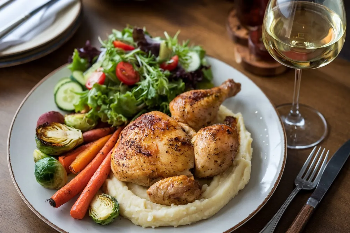 Plated cracked chicken with mashed potatoes, roasted vegetables, and a fresh salad on a wooden table