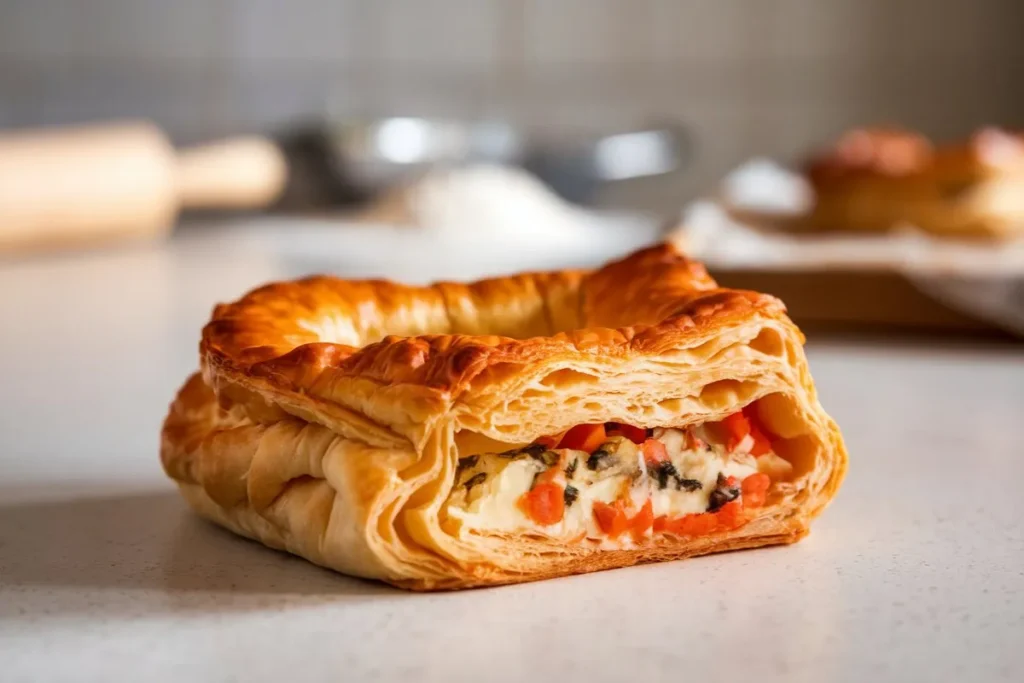 Golden, flaky puff pastry with a savory filling, surrounded by baking tools on a white countertop.