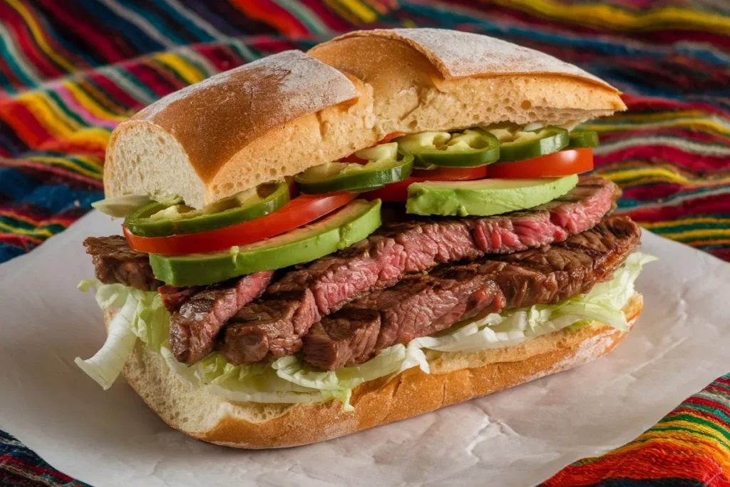 A traditional Mexican torta sandwich filled with steak, avocado, tomato, lettuce, and jalapeños on a bolillo roll.