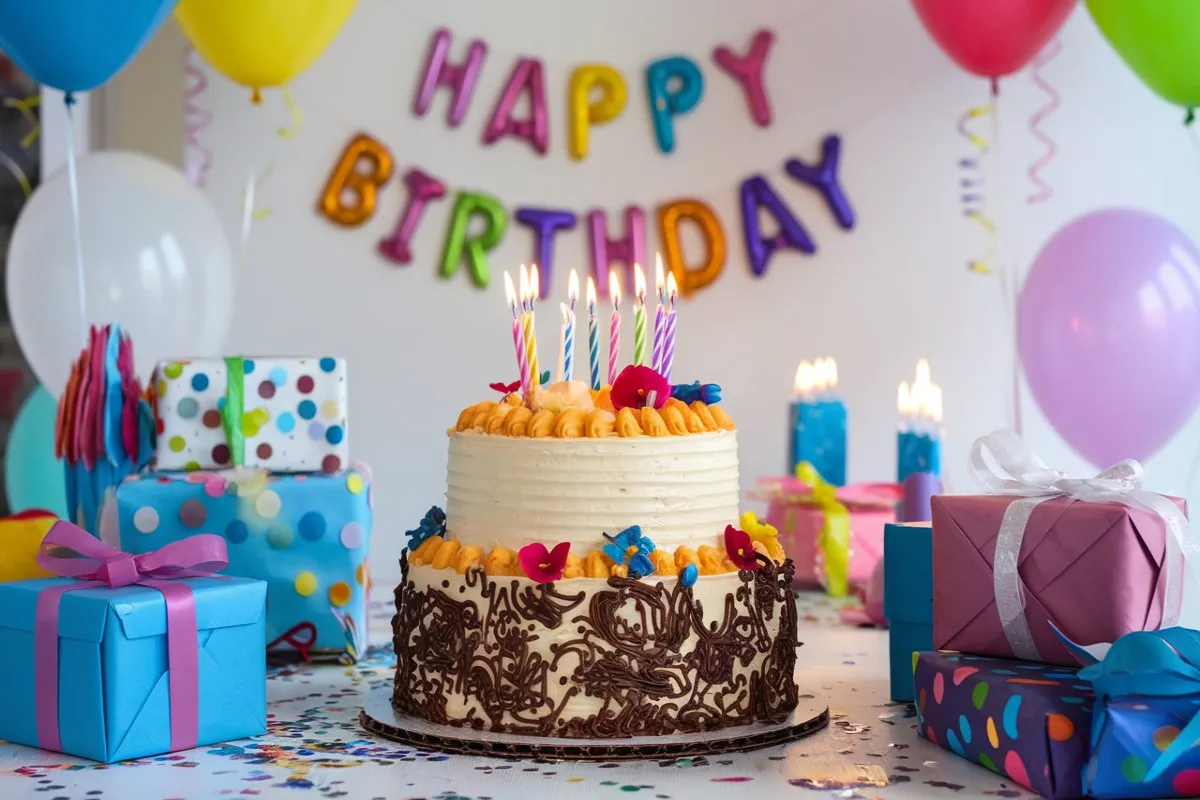 Two-tiered birthday cake with colorful icing, candles, and edible decorations, surrounded by party balloons and confetti.