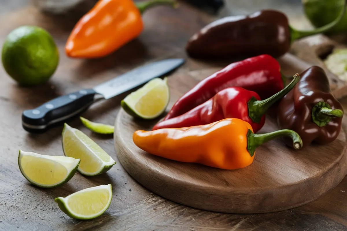 Fresh red and orange habanero peppers in a basket, with a cutting board and hot sauce in the background.