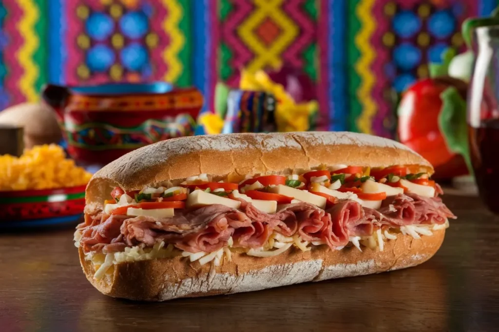 A Mexican torta sandwich on a bolillo roll with meat, cheese, and vegetables, surrounded by Mexican-themed decor.