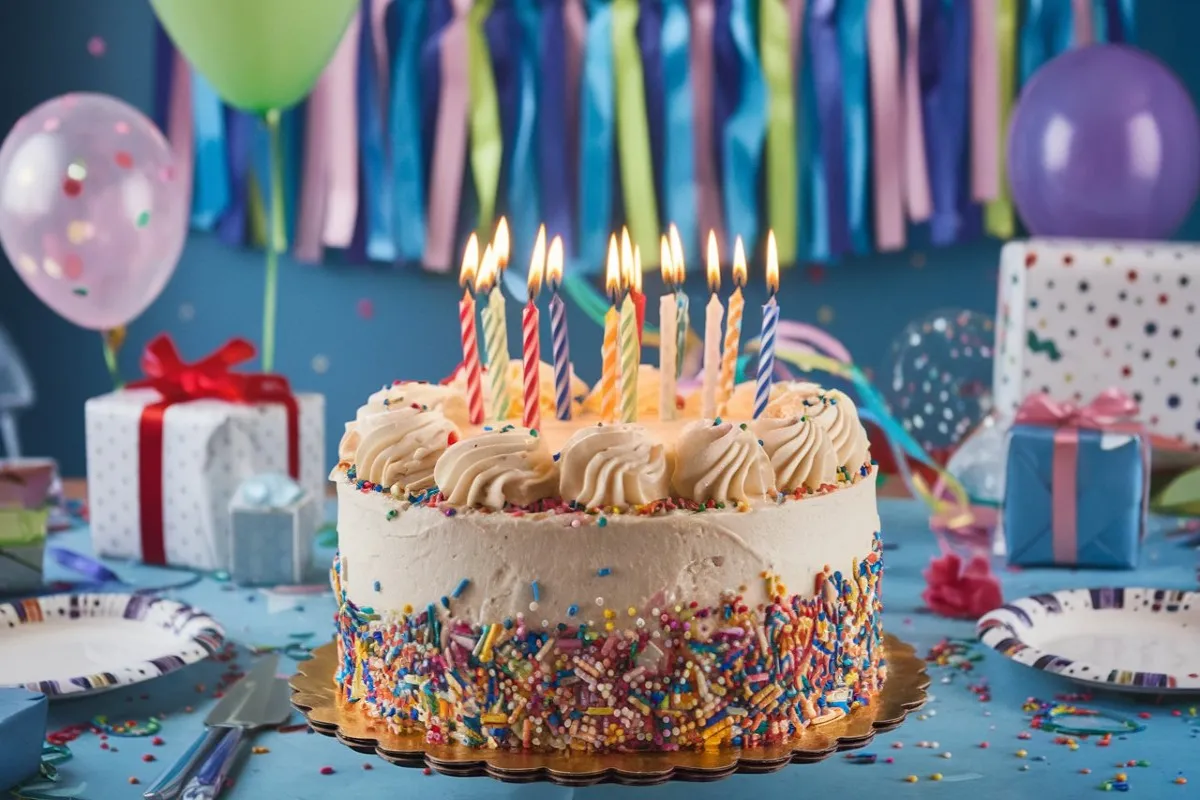 A beautifully decorated birthday cake with colorful sprinkles, candles, and festive background.