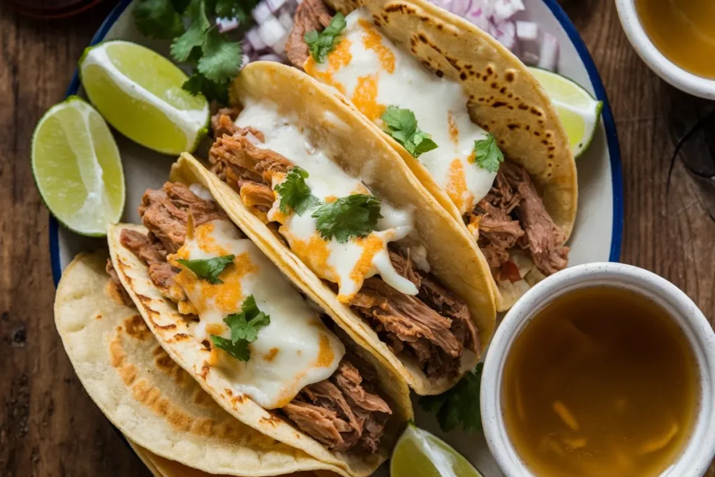 Overhead view of crispy quesabirria tacos filled with shredded birria meat and cheese, served with birria consommé, onions, cilantro, and lime.