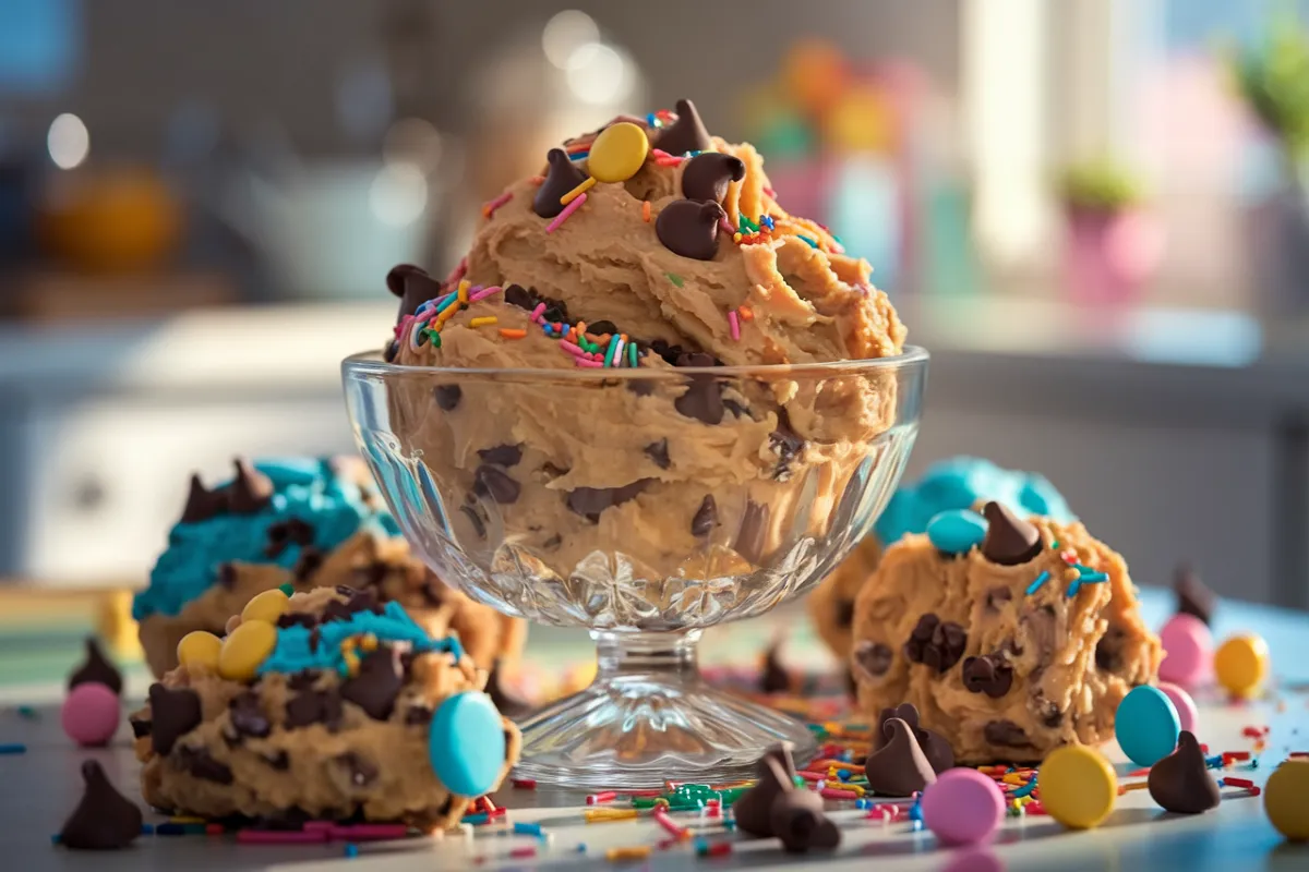 Bowl of cookie dough with chocolate chips, sprinkles, and candy in a bright kitchen.