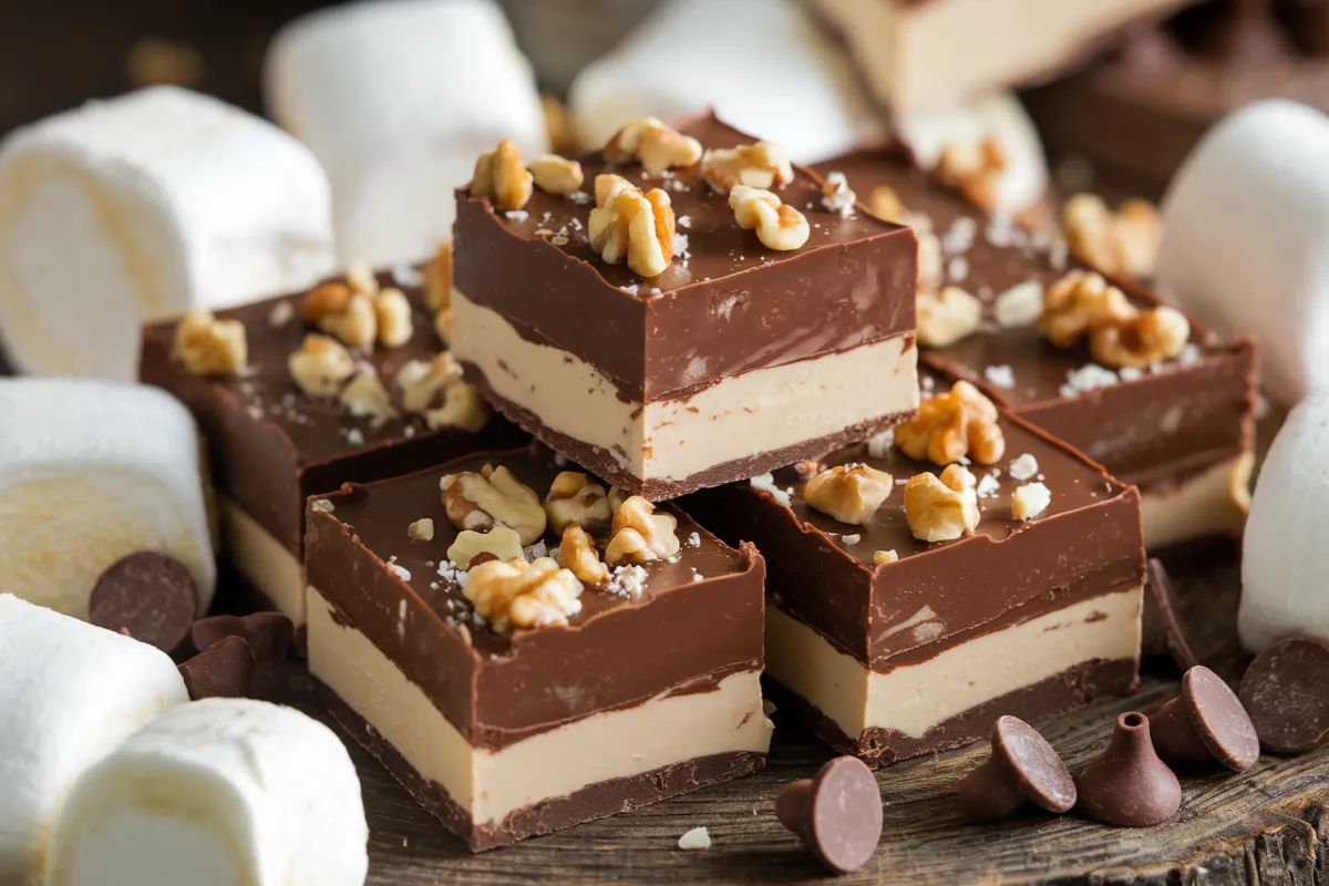 Close-up of creamy fantasy fudge squares with chocolate chips and marshmallow creme on a rustic wooden table.