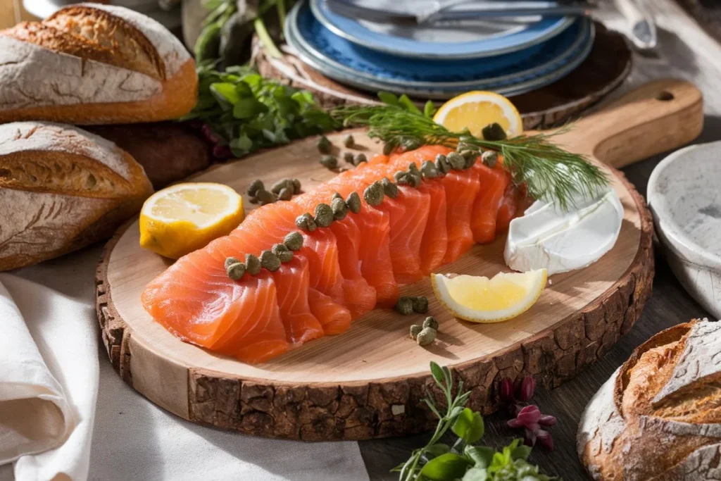 Delicious smoked salmon platter with lemon, dill, capers, and artisan bread on a wooden board.