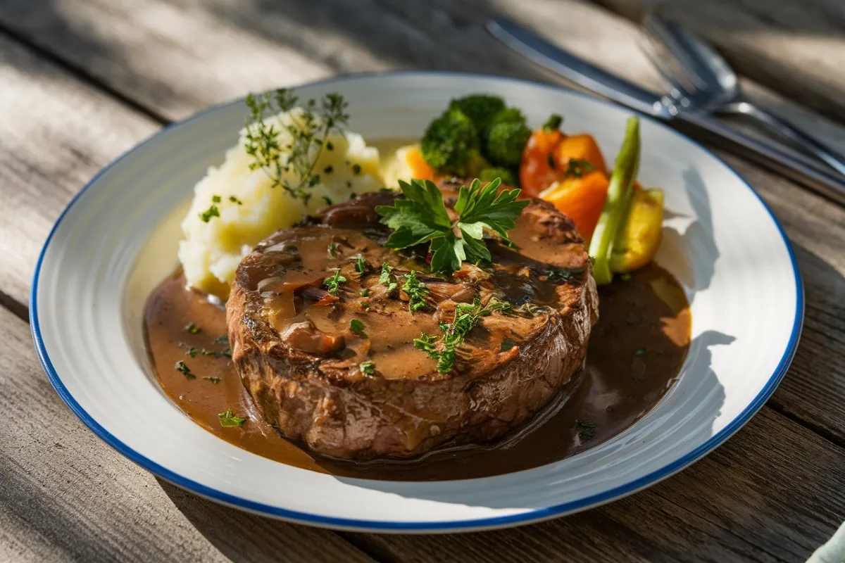 Delicious slow-cooked round steak served with mashed potatoes, gravy, and vegetables on a rustic table.