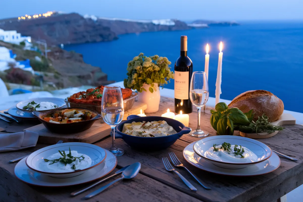 Romantic Greek dinner table with traditional dishes, candlelight, and wine in a cozy setting.