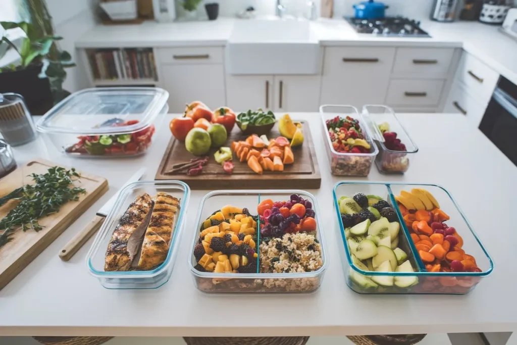 Top view of meal prep containers filled with healthy food, including chicken, vegetables, and quinoa, on a modern kitchen counter.