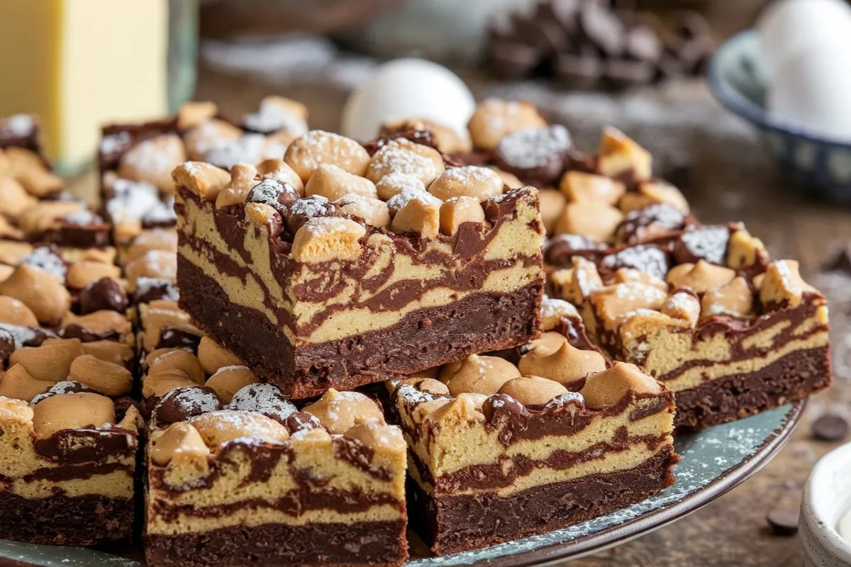 Close-up of brookies with a brownie bottom and cookie top on a plate, with baking ingredients in the background.