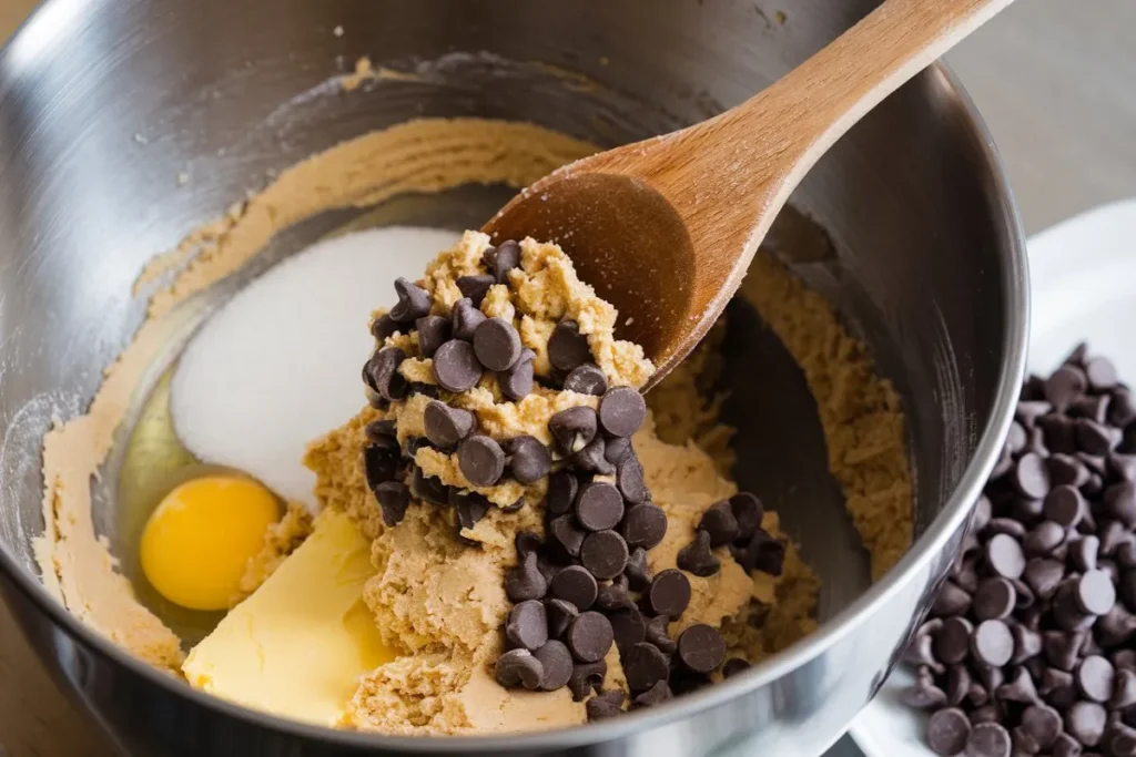 Mixing cookie dough for brookies in a bowl with ingredients like butter, sugar, and chocolate chips