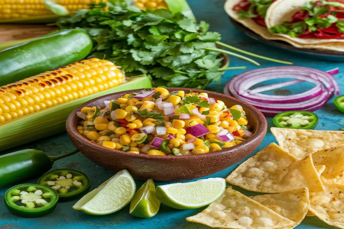 A bowl of Chipotle corn salsa with fresh cilantro, jalapeños, and lime wedges.