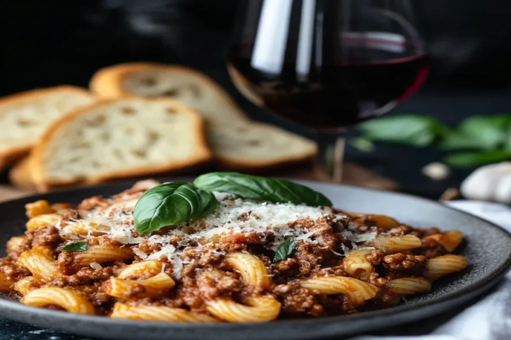 A plate of Cavatappi Bolognese with garlic bread and wine.