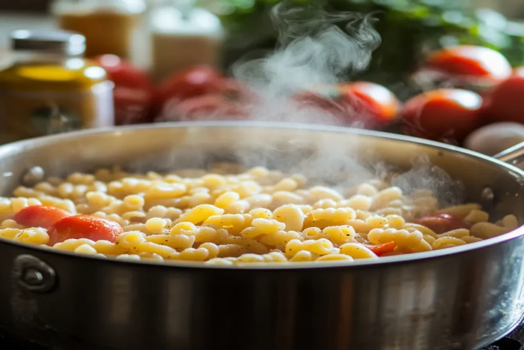 Cavatappi pasta boiling in a pot with fresh ingredients on the side.