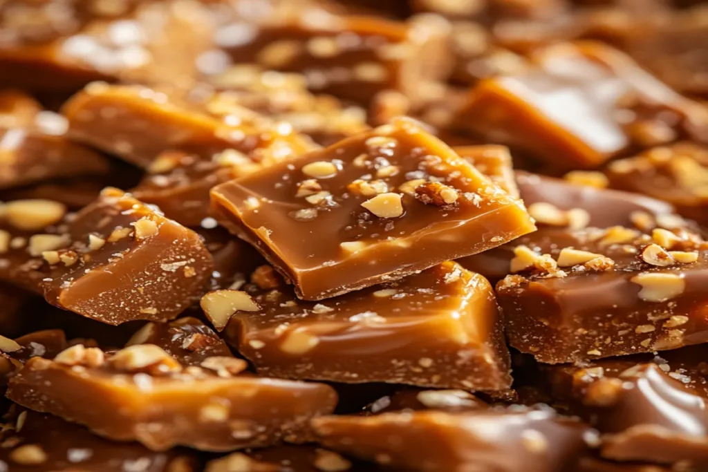 Close-up of golden-brown toffee pieces, some dipped in chocolate and sprinkled with nuts.