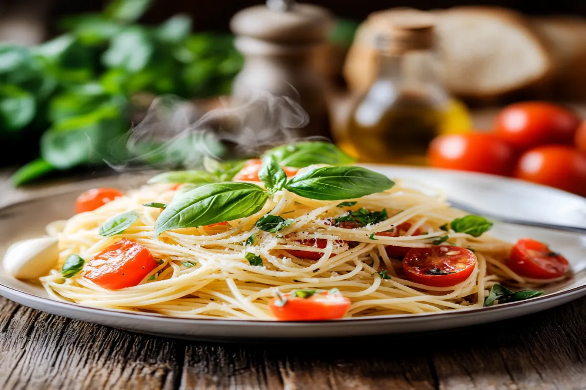 Delicate capellini pasta served with fresh basil and tomatoes on a rustic table.