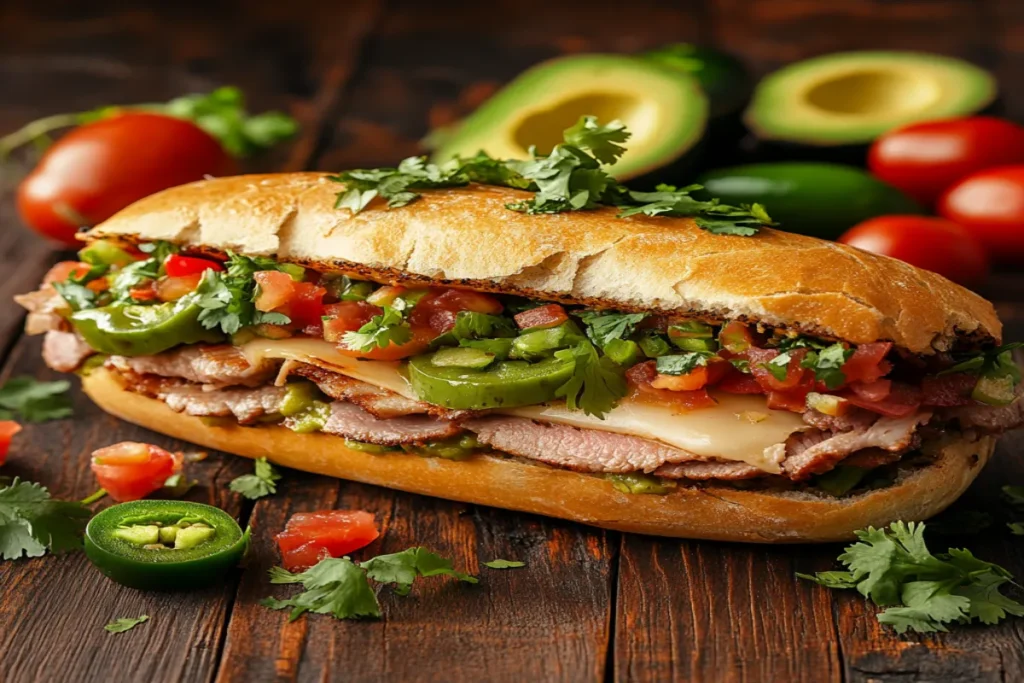 A traditional Mexican torta sandwich with bolillo bread, meats, cheese, and vegetables.