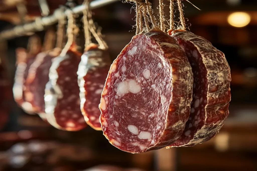 A close-up of traditional salami hanging in a deli, showcasing its cured texture.