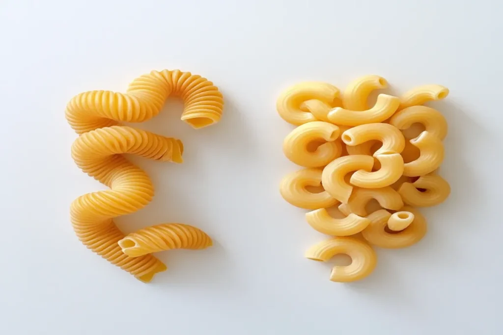 Raw cavatappi and macaroni side by side on a plain background