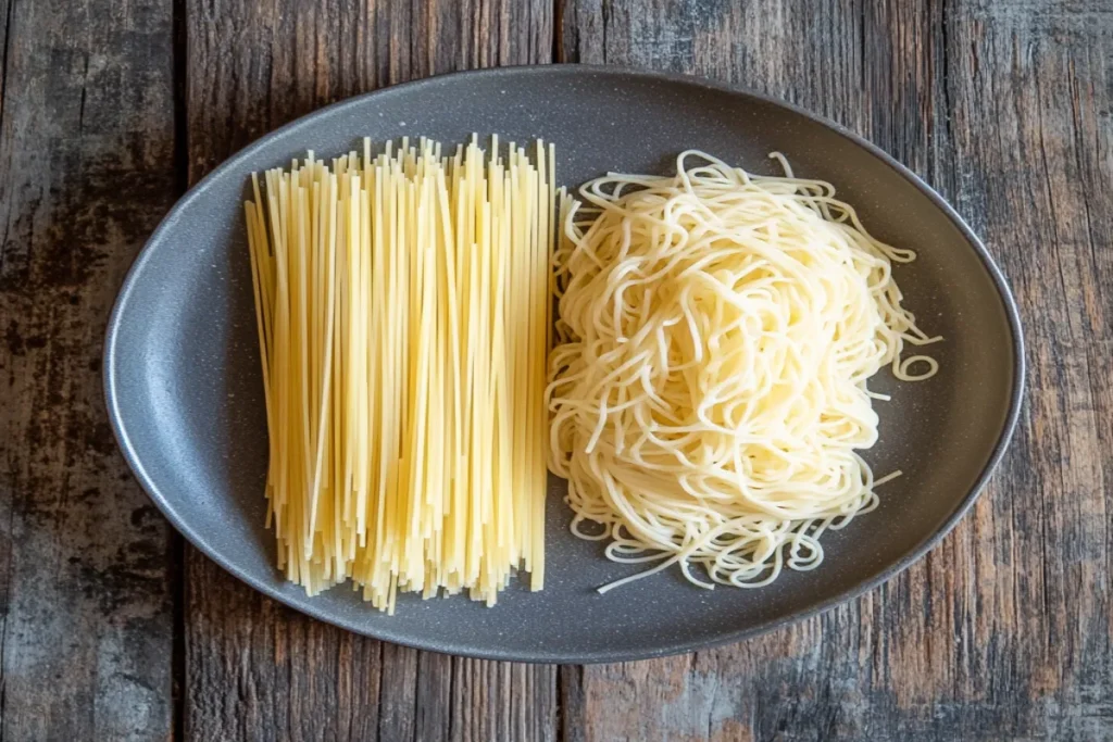 Uncooked Capellini and Angel Hair pasta side by side on a rustic wooden surface.