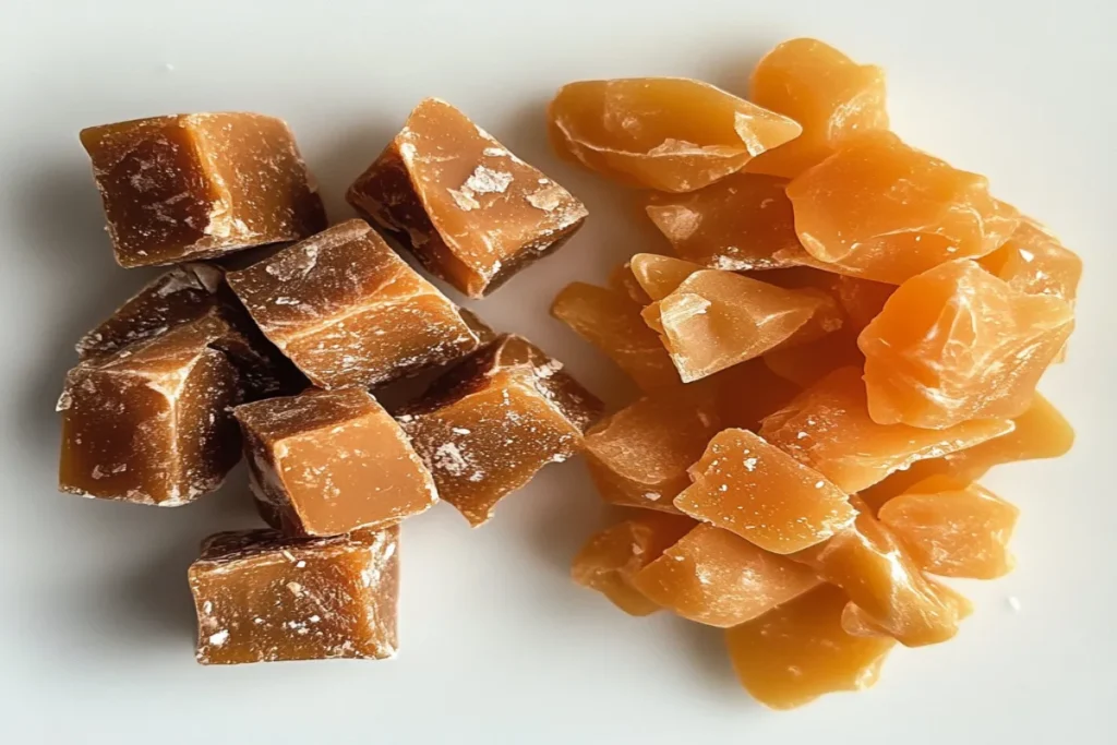 Close-up image showing the visual difference between toffee and caramel candies.