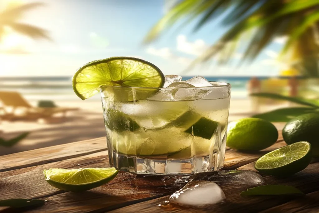 A refreshing Caipirinha cocktail with lime wedges and ice in a tropical setting.