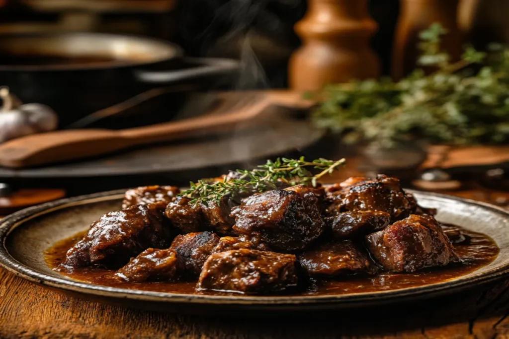 A plate of braised ox tails on a rustic kitchen table with herbs and steam rising.