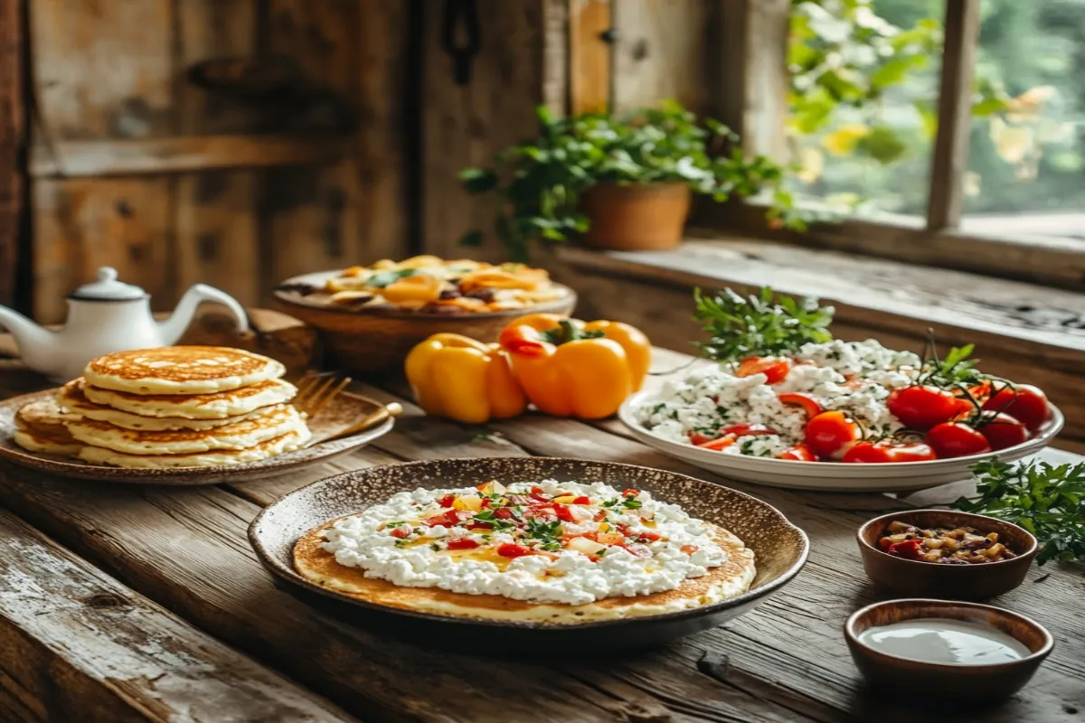 A rustic kitchen table with various cottage cheese dishes such as pancakes, stuffed bell peppers, and salad