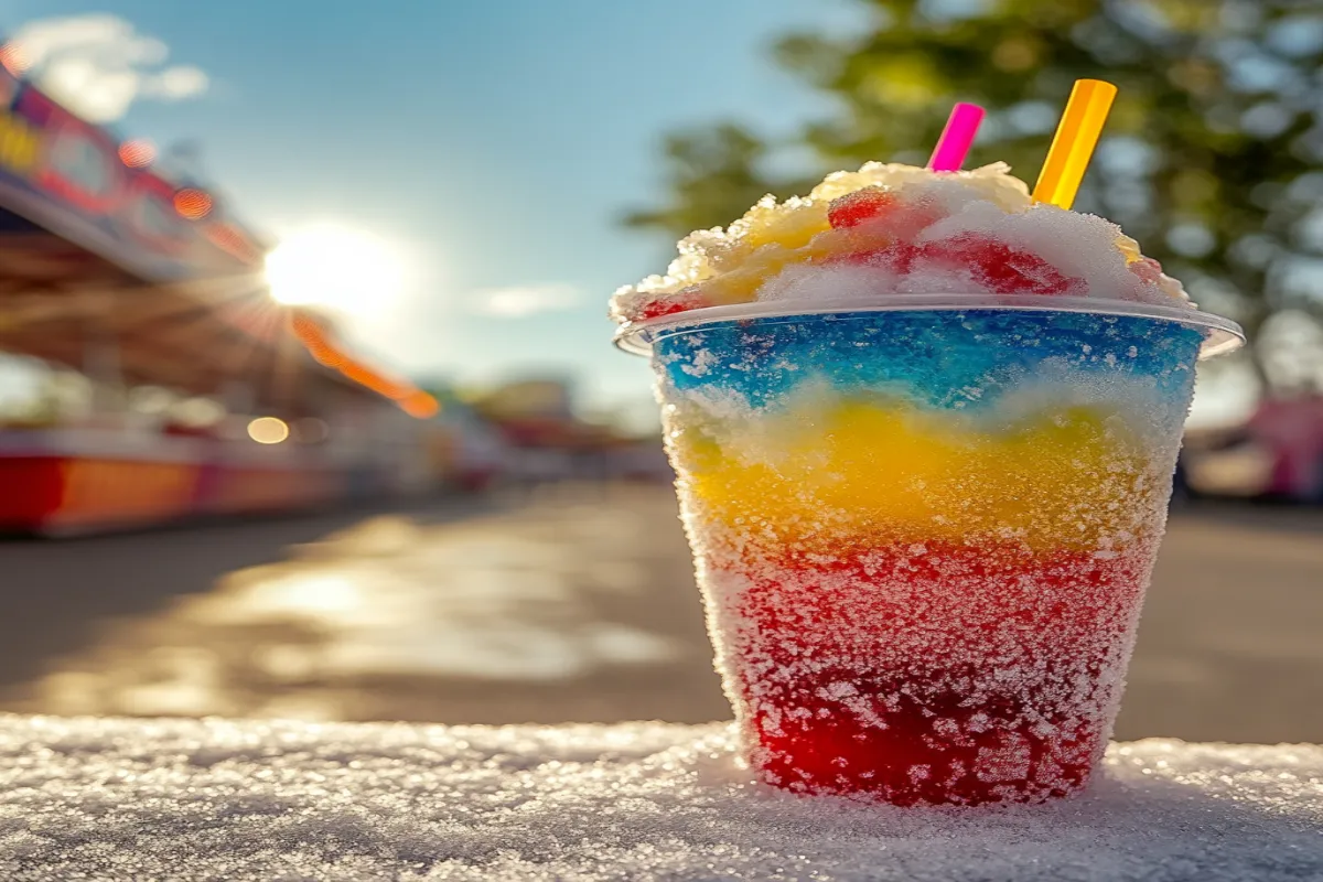 Colorful snow cone with red, blue, and yellow syrup in a sunny setting