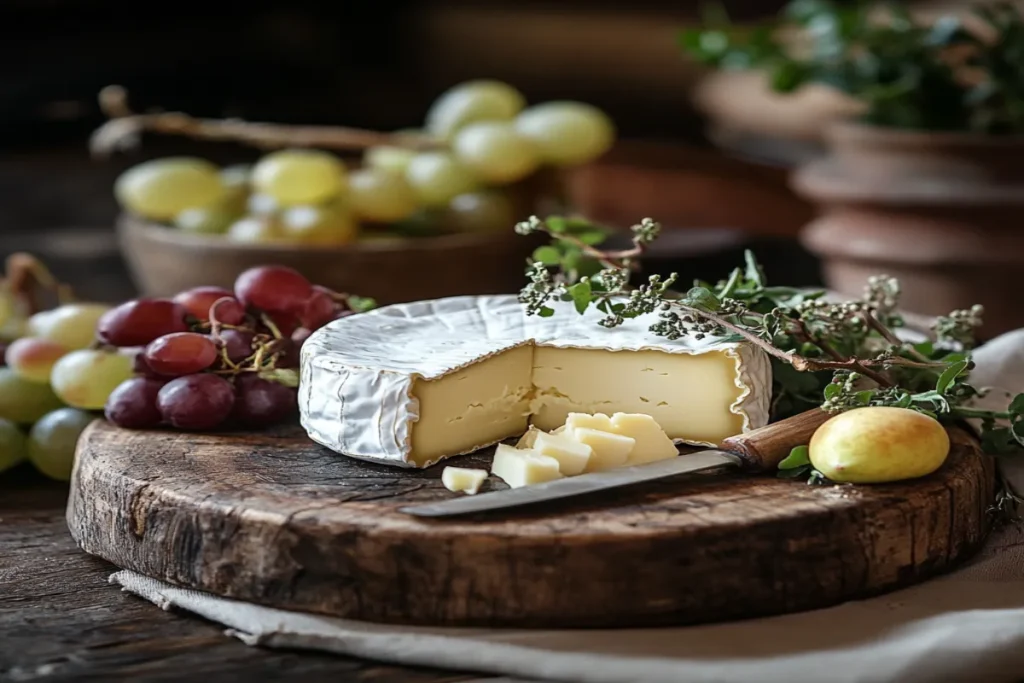 Brie cheese wheel on a rustic wooden board with fruits