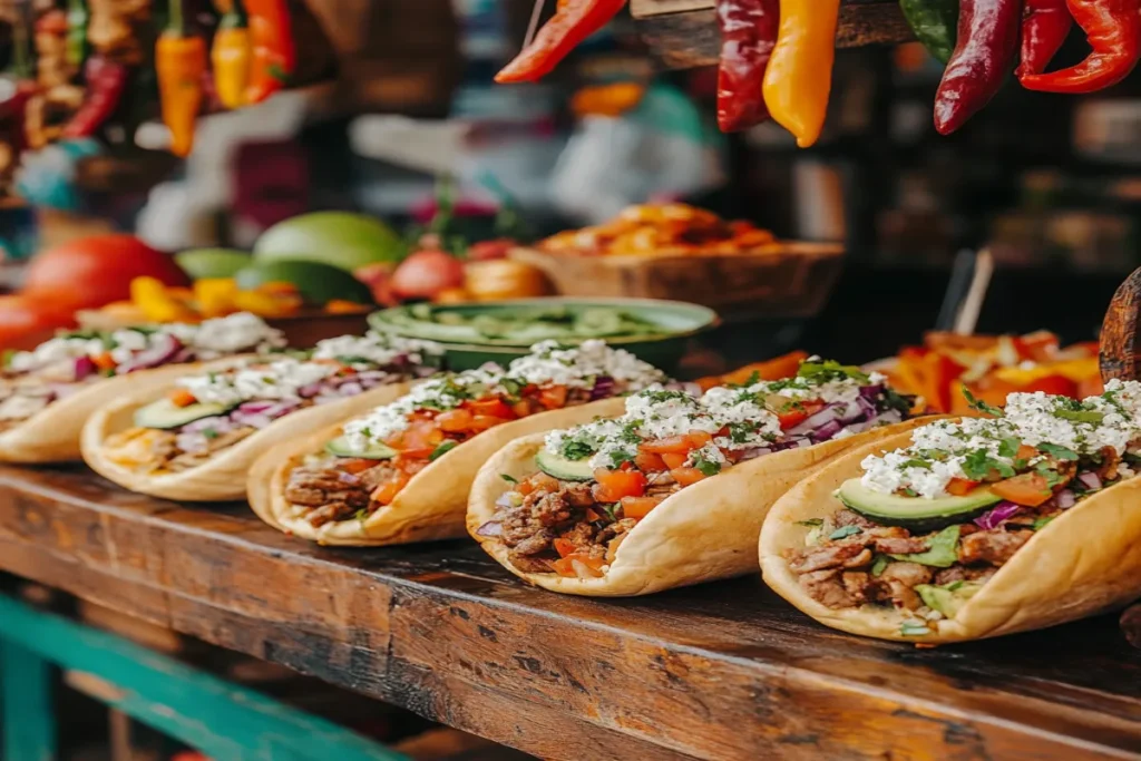 Mexican food stall with tortas filled with avocado, meat, and cheese