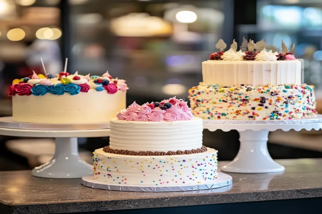 Three different birthday cakes, ranging from a simple sheet cake to an elaborate multi-tier custom cake, showcasing price differences.