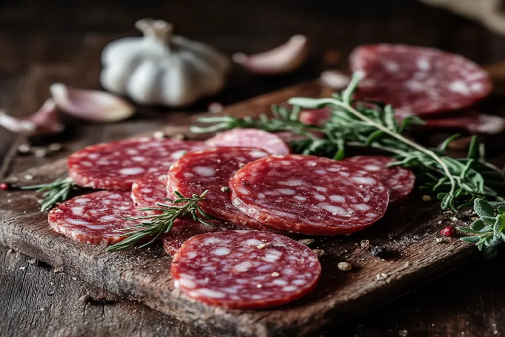 Close-up of Italian salami slices on a wooden board with herbs and garlic.