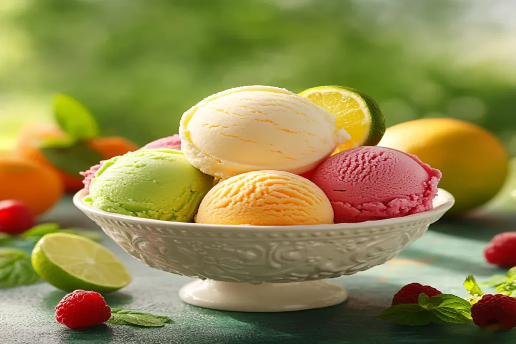 Colorful scoops of sherbert in a bowl with various fruit flavors.