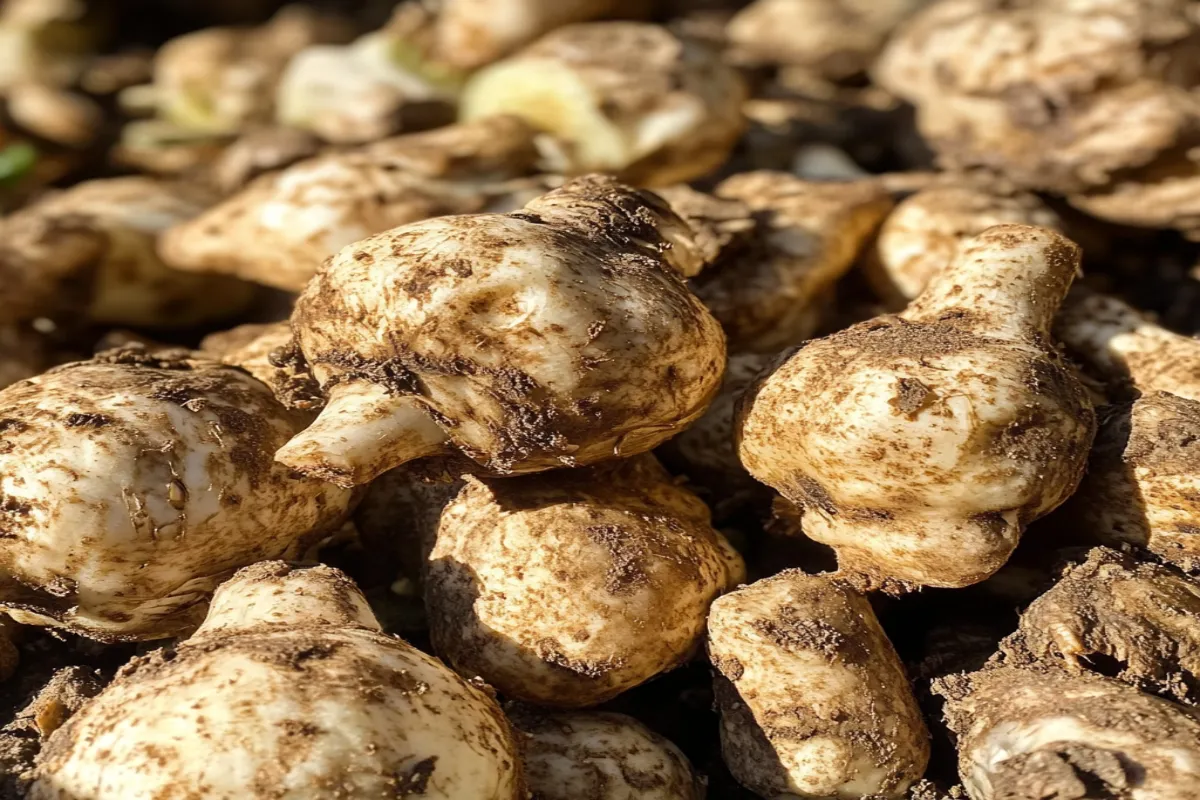 Freshly harvested sunchokes in sunlight.