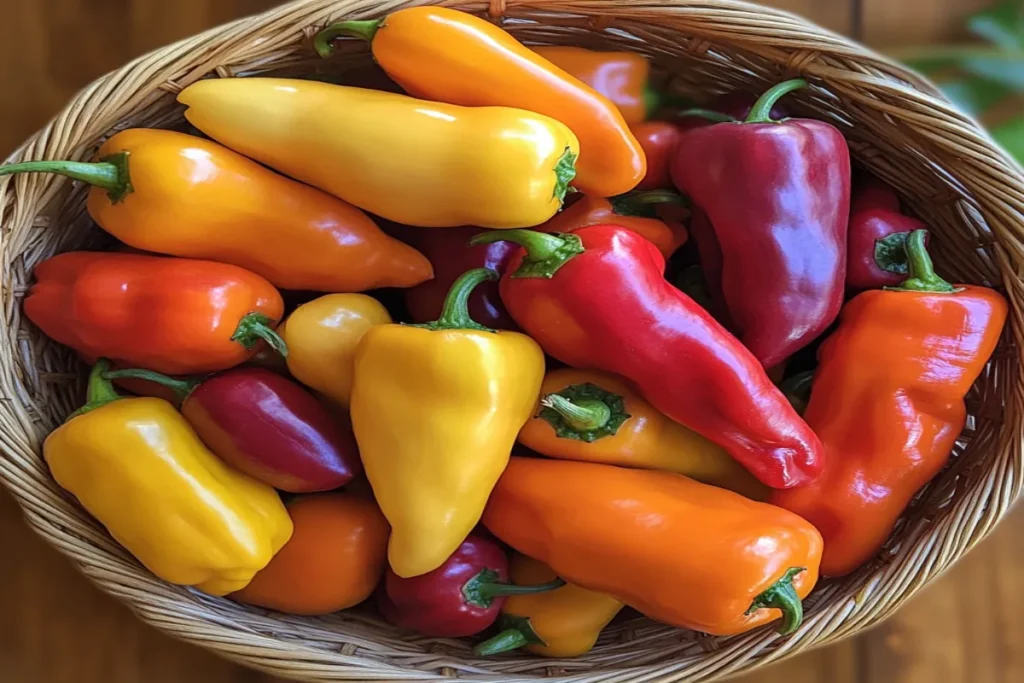 Close-up of fresh Scotch Bonnet peppers in a basket on a kitchen countertop