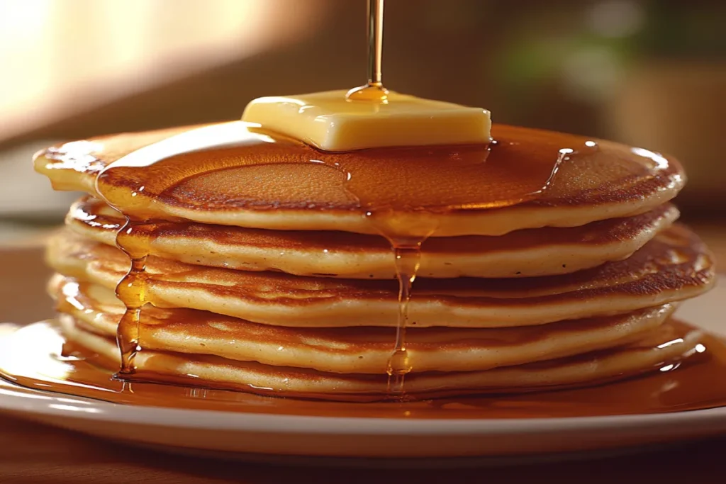 Stack of fluffy pancakes topped with butter and syrup on a breakfast table