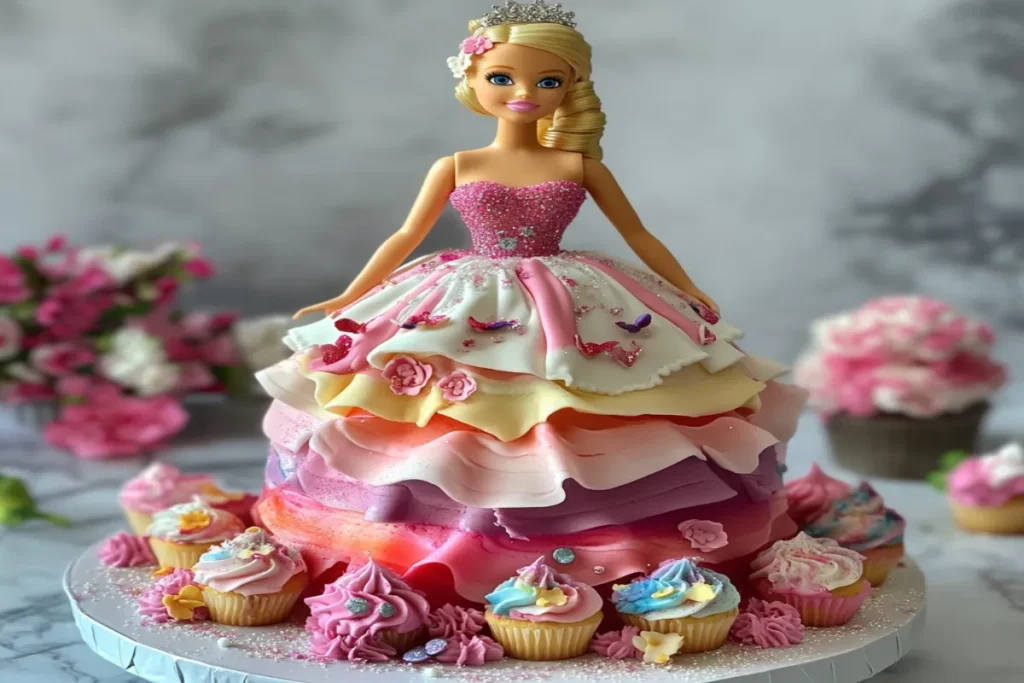 A fun Barbie dress cake with a pink and white fondant gown, surrounded by edible glitter, flowers, and cupcakes.