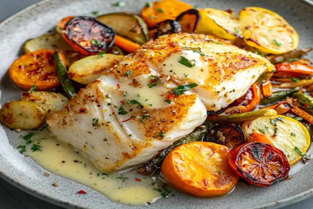 Pan-seared monk fish served with roasted vegetables and lemon butter sauce on a clean, neutral background.