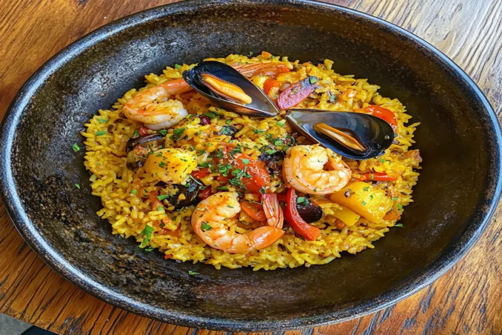 Golden saffron-infused arroz paella with shrimp, mussels, and bell peppers in a traditional pan on a rustic wooden table.