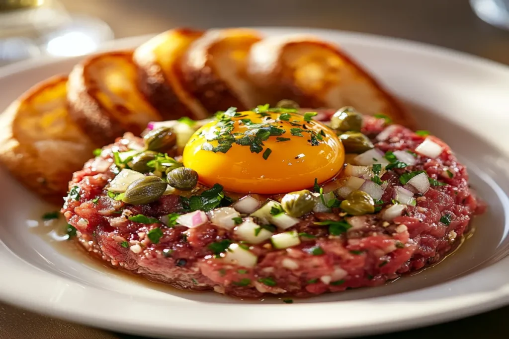 Steak tartare with egg yolk, capers, parsley, and toast on a white plate.