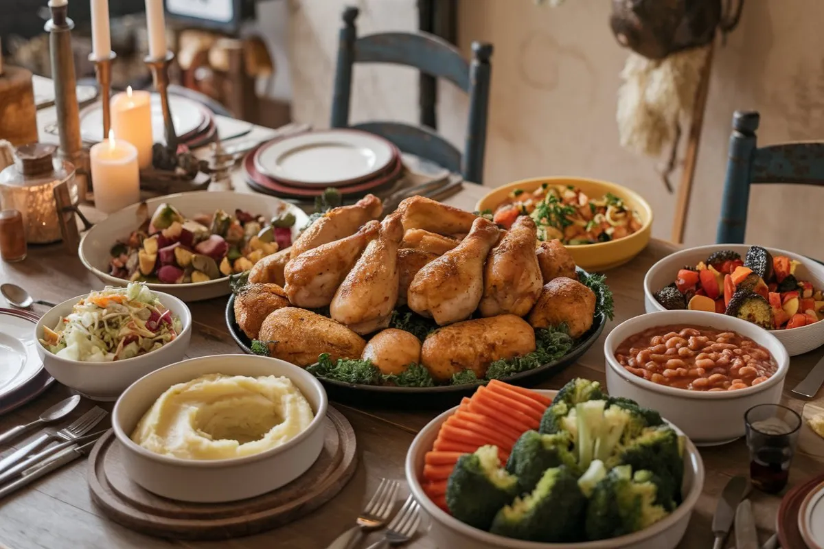 An inviting table setting with golden-brown chicken drumsticks surrounded by classic side dishes like mashed potatoes, coleslaw, baked beans, roasted vegetables, and steamed broccoli.