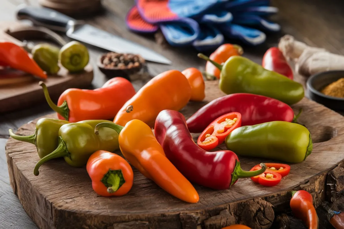 Vibrant habanero peppers being sliced on a wooden cutting board with kitchen tools in the background.