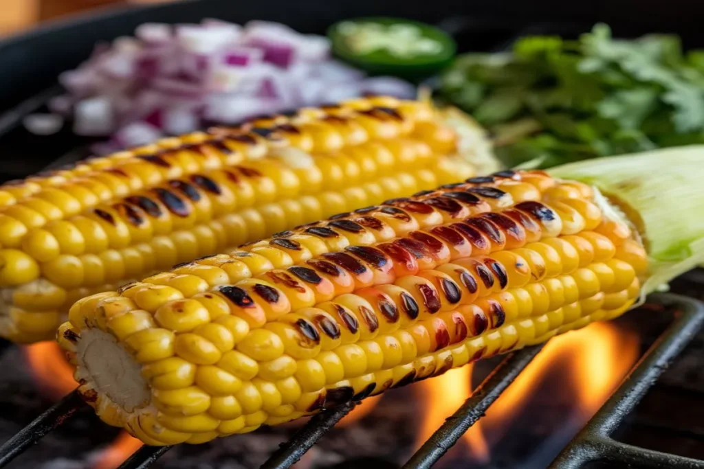 Grilled corn on an open flame, with fresh ingredients in the background for salsa preparation.

