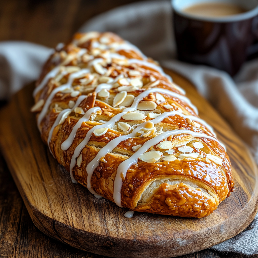 Golden-brown Danish Kringle pastry with almond filling and white icing on a wooden board.