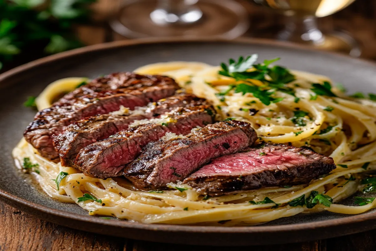 A plate of sliced steak with garlic butter pasta, garnished with fresh parsley.