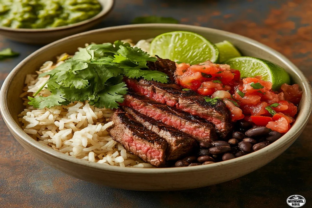 Chipotle steak bowl with rice, beans, salsa, and fresh garnish